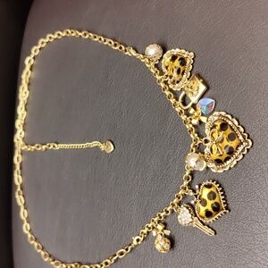 Betsey Johnson 3 Heart Leopard Key lock Rhinestones faux Pearl Necklace Signed